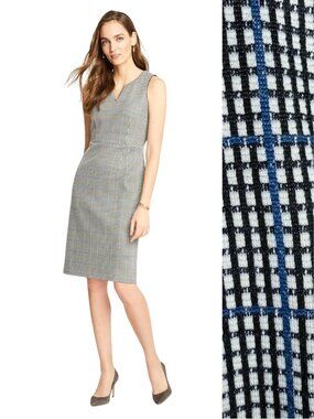 Ann Taylor Plaid Knit Sheath Dress 4 Split Neck Black Blue Sleeveless Career